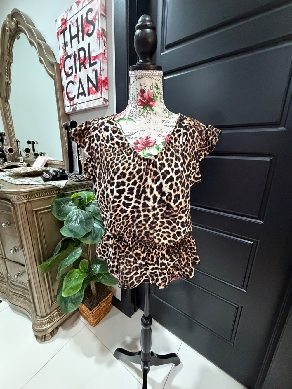 Adrienne Vittadini Leopard Print V-Neck Ruffle Hem Top - Brown Black - Picture 5 of 12